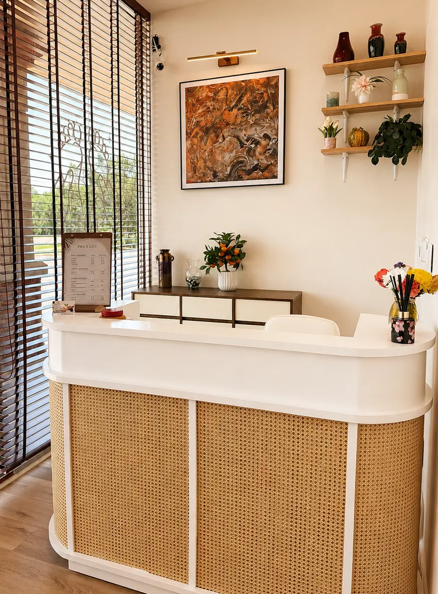 The reception desk at Diamond Massage in west Wichita — a curved white counter with a woven cane front, the printed price list standing on top