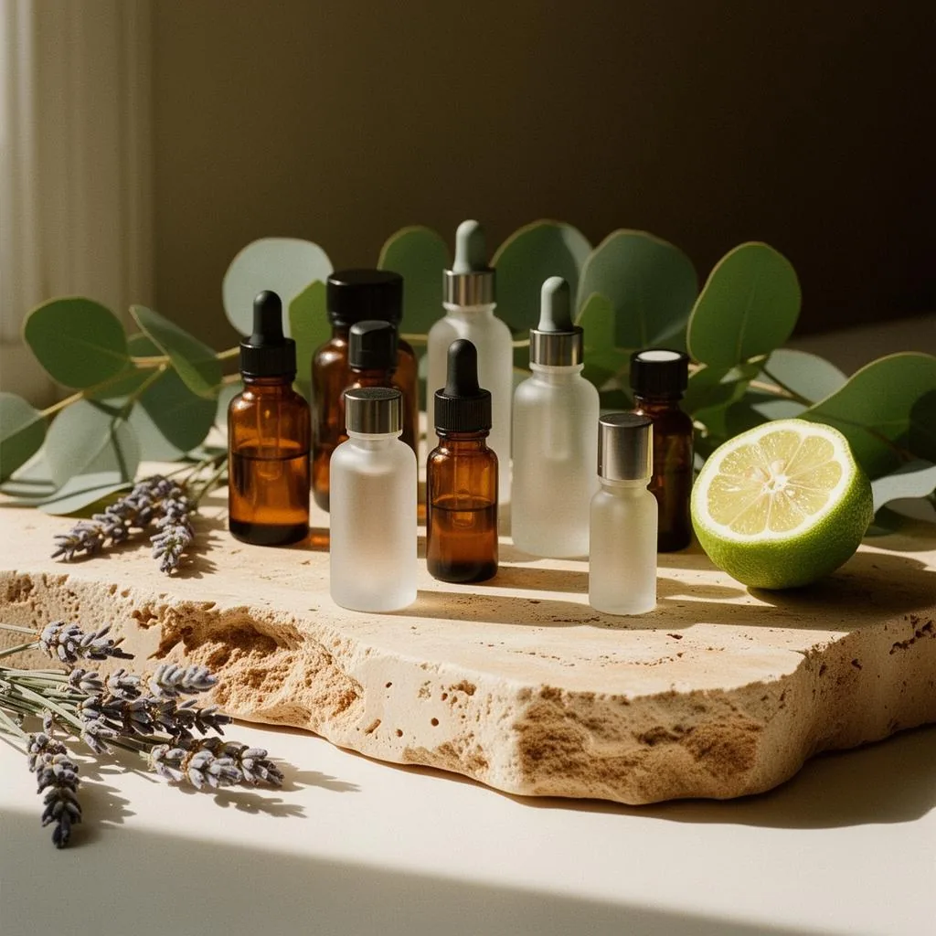 small bottle of essential oil beside folded towels on a wooden tray