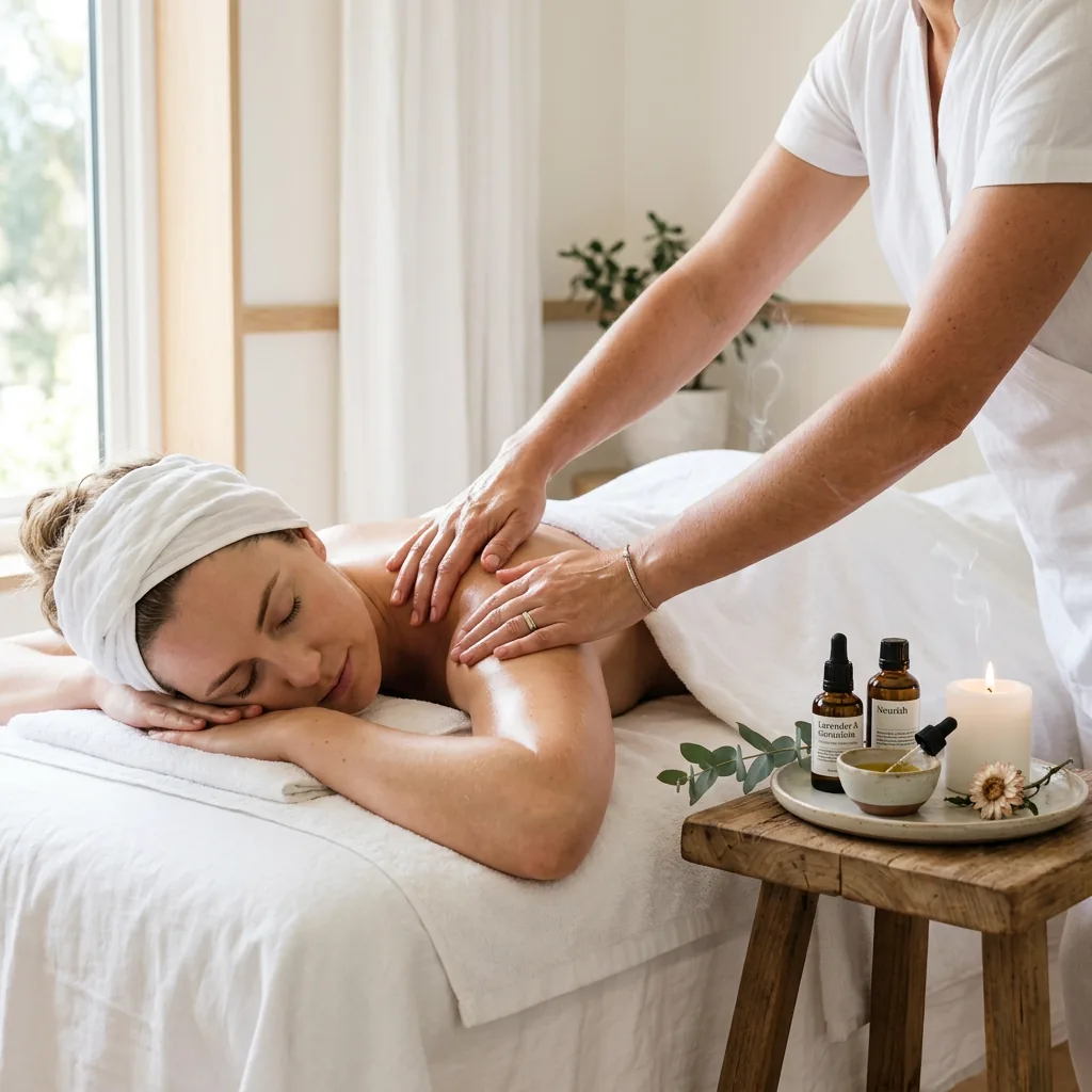 therapist working oil across a client's upper back, essential oils on a stool alongside