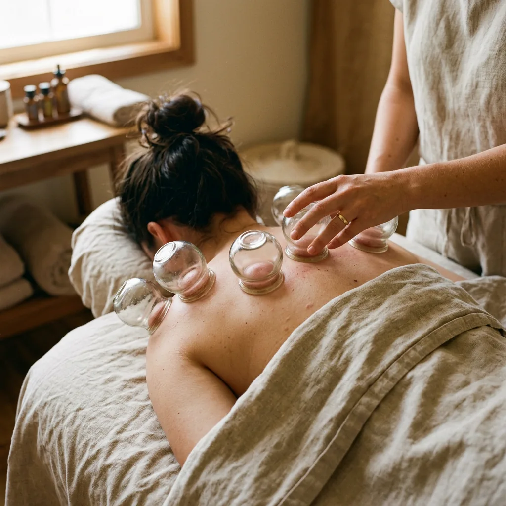 glass cupping vessels arranged along a client's upper back