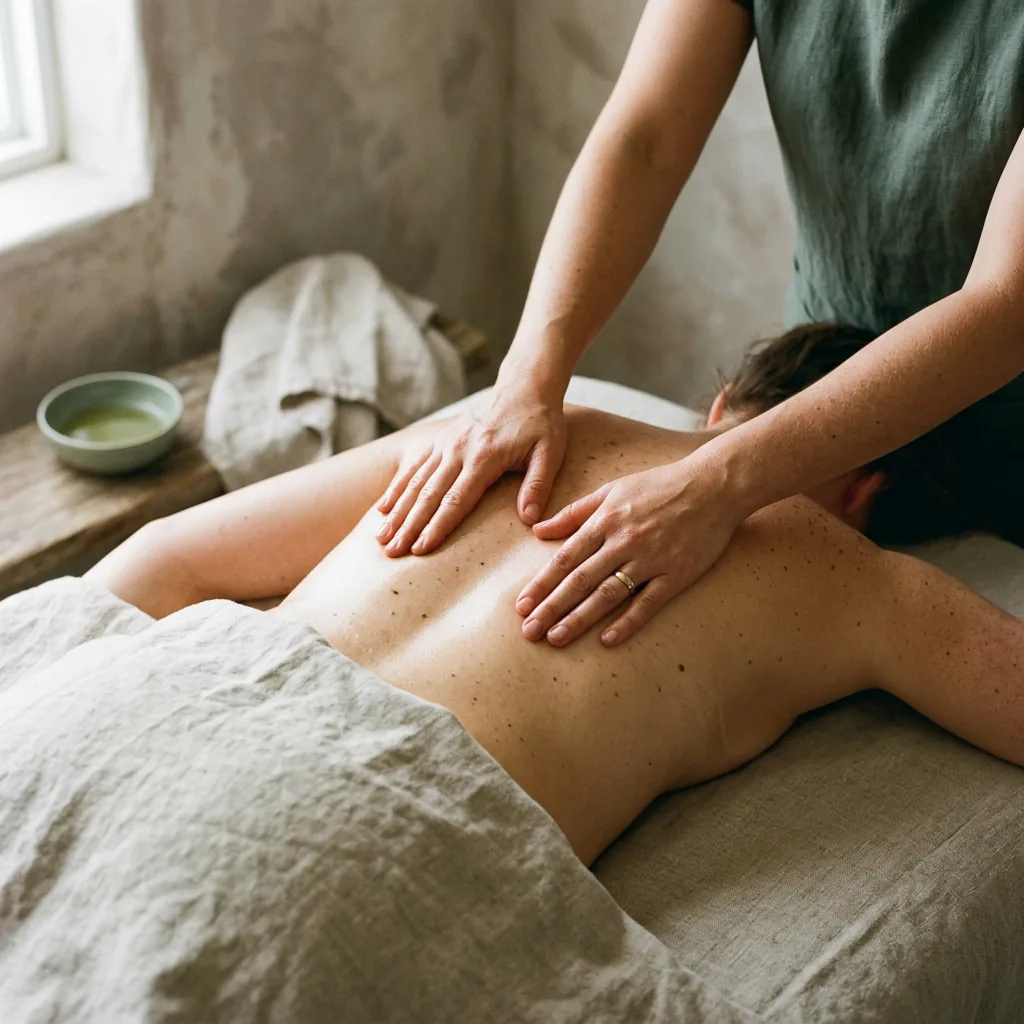 therapist applying forearm pressure along a client's upper back