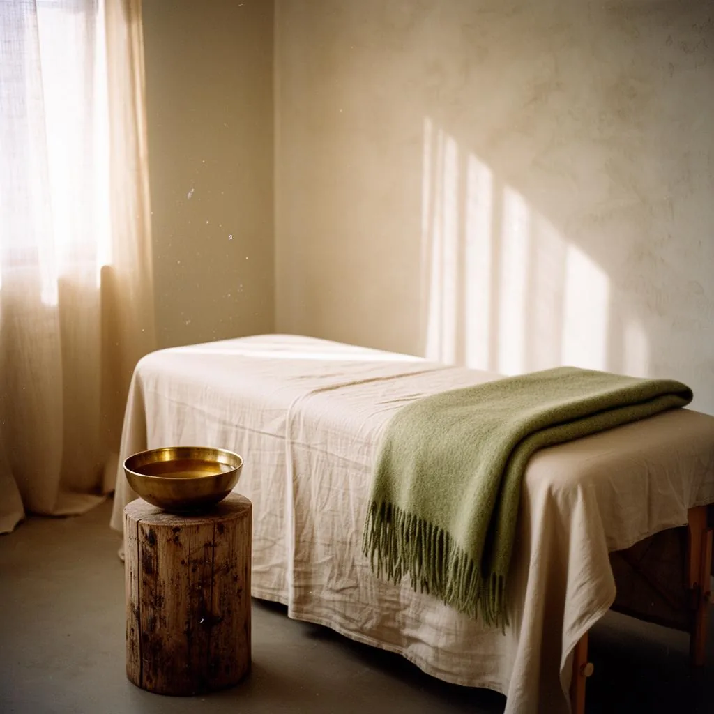 treatment room set for a table massage, oil bottle and folded sheet in the foreground