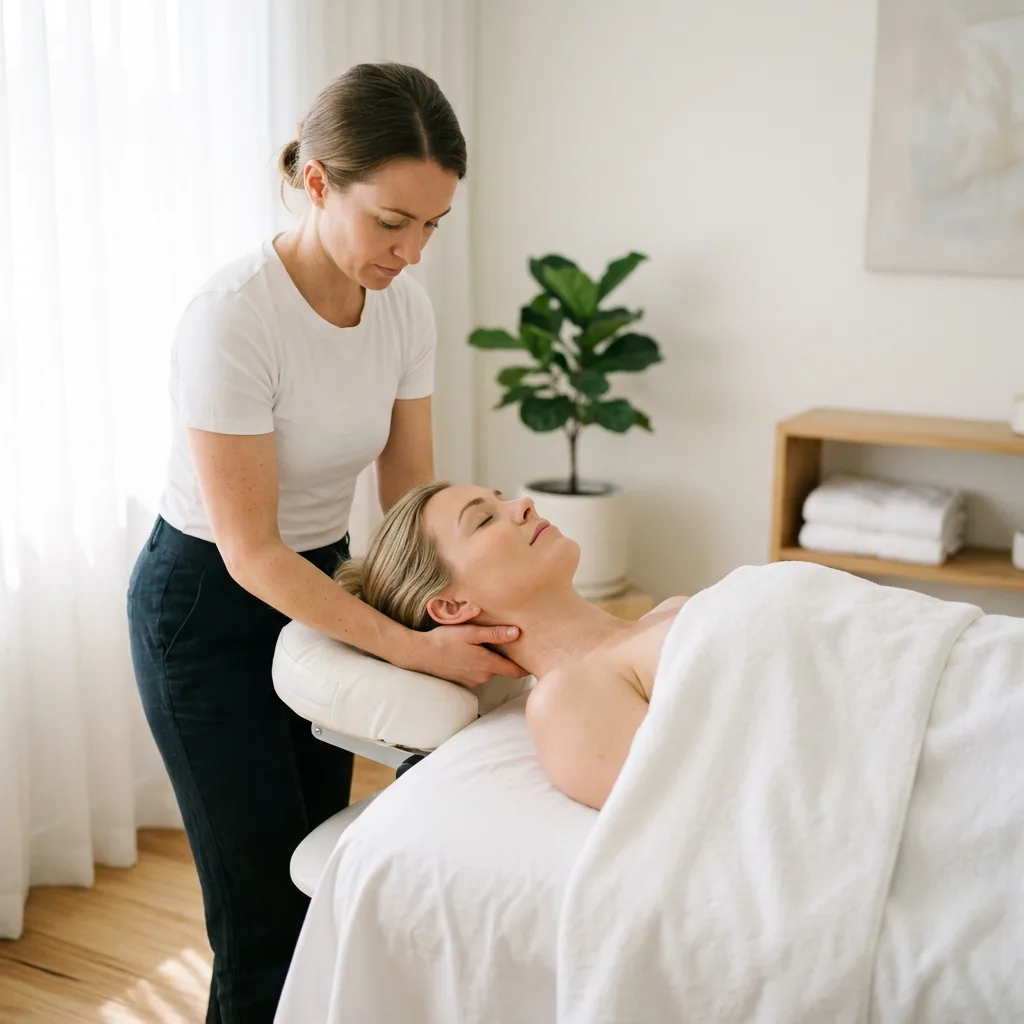 therapist working the top of a client's shoulder with both thumbs