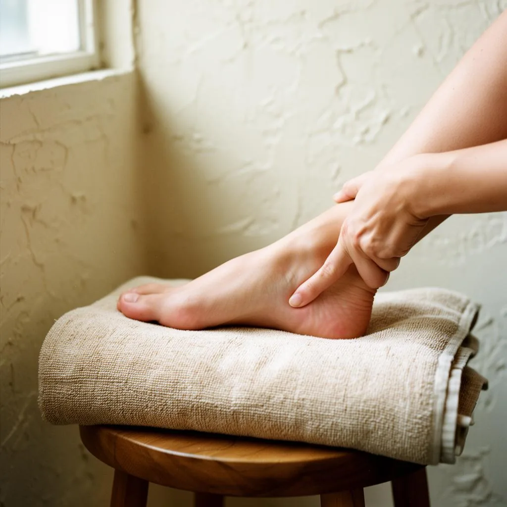 hands working the heel and Achilles of a bare foot on a rolled towel