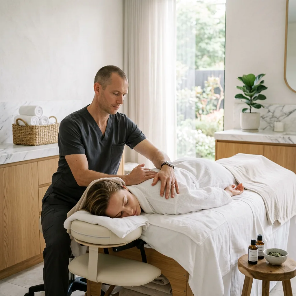Two hands working either side of a client's spine during a table massage