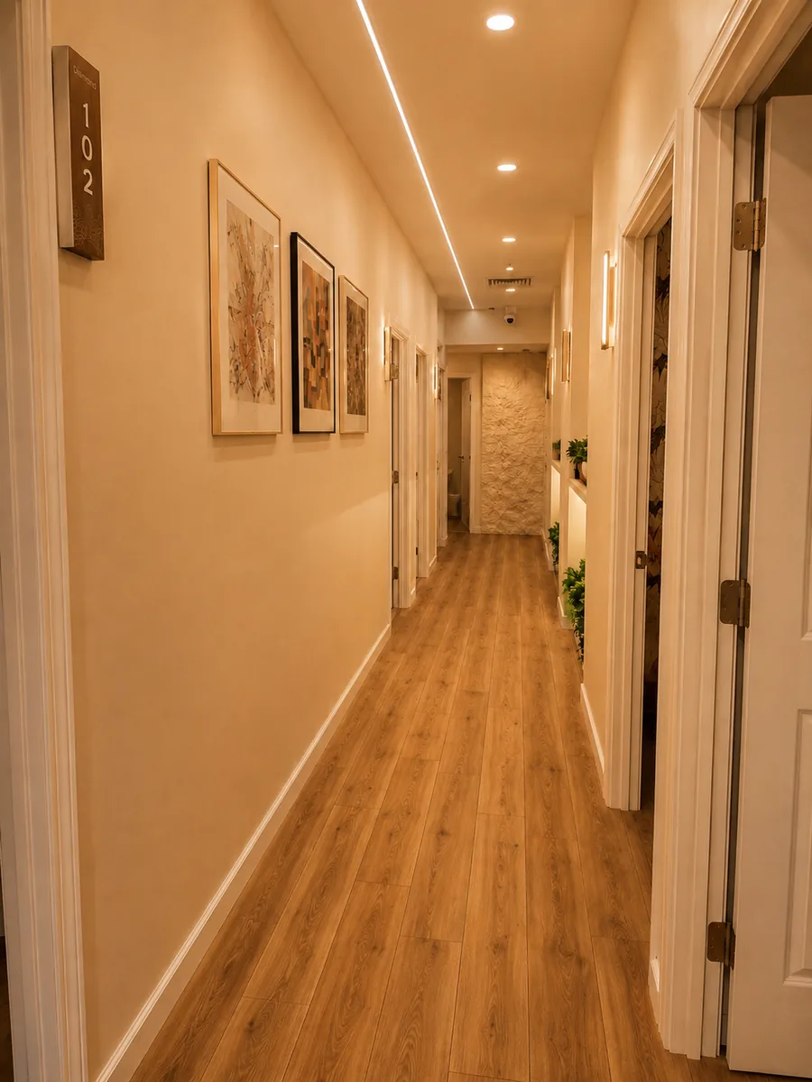 The corridor of treatment rooms, a plaque reading 102 beside the first door